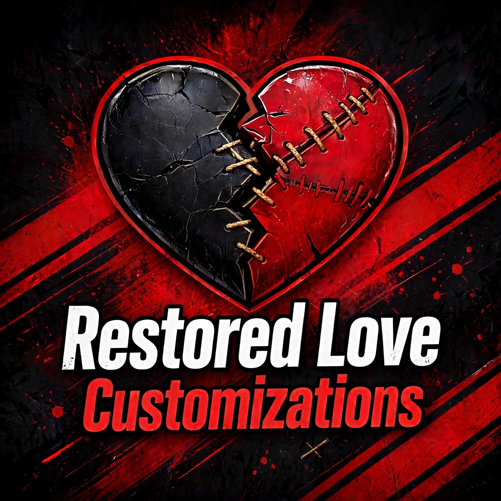 Restored Love Customizations logo — a stitched broken heart, half black, half red, with gold stitches
